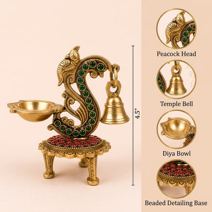 Royal Peacock Brass Diya & Decorative Lamp Set