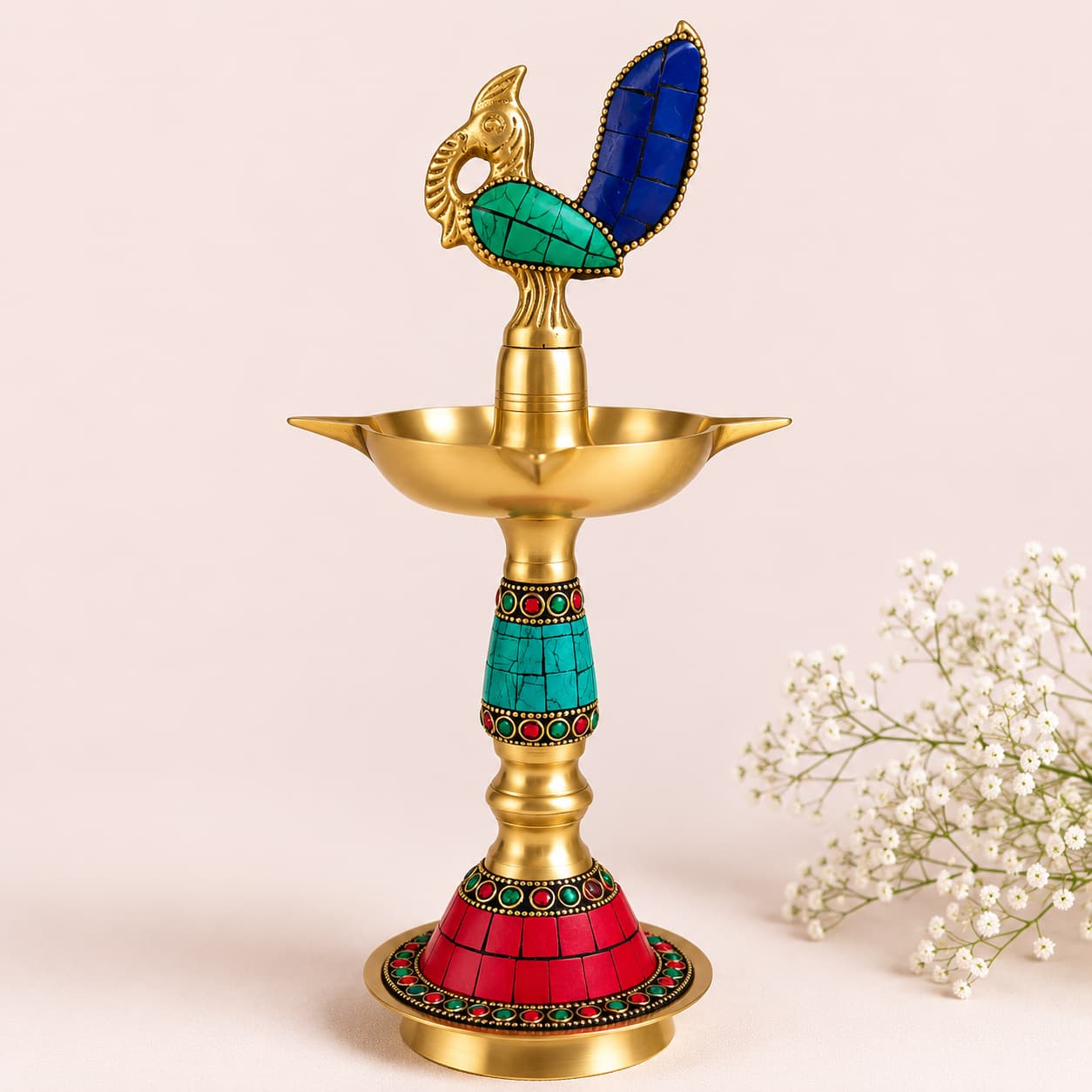 Peacock Stone Inlay Brass Lamp
