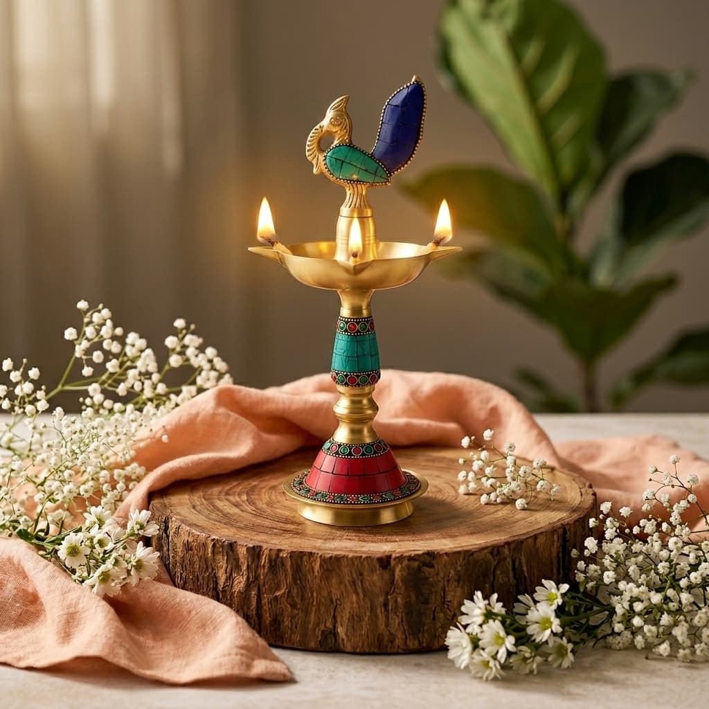 Peacock Stone Inlay Brass Lamp