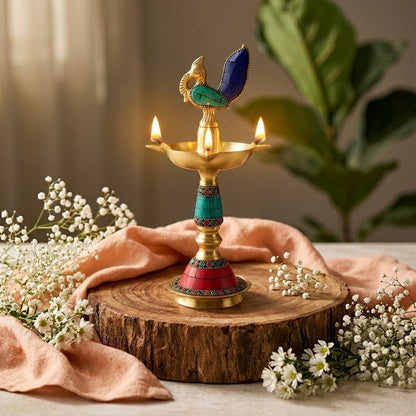 Peacock Stone Inlay Brass Lamp