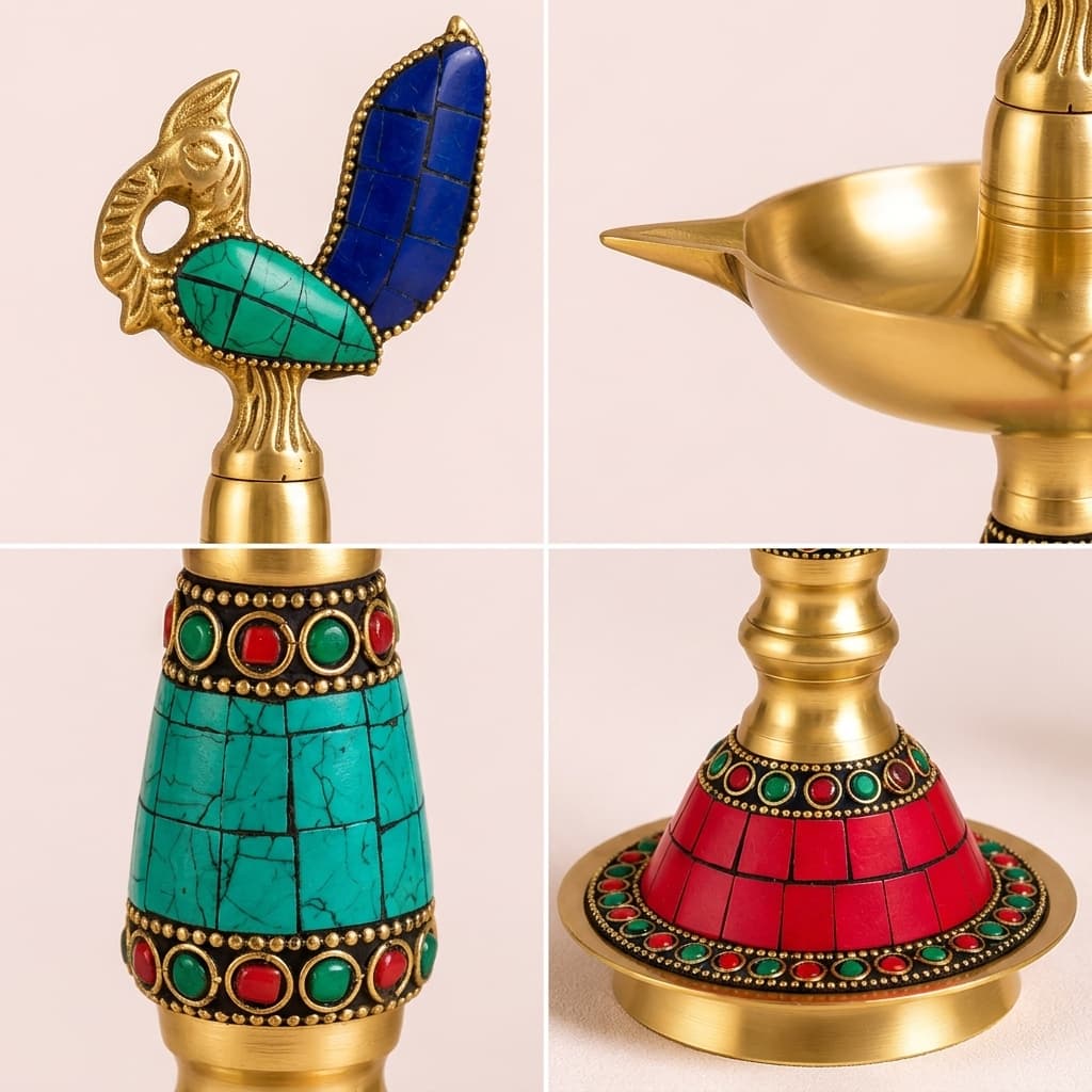 Peacock Stone Inlay Brass Lamp