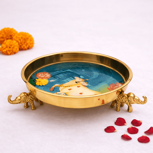 Kamadhenu Pichwai Art Elephant - Footed Urli - Set of 2 - KaariTales