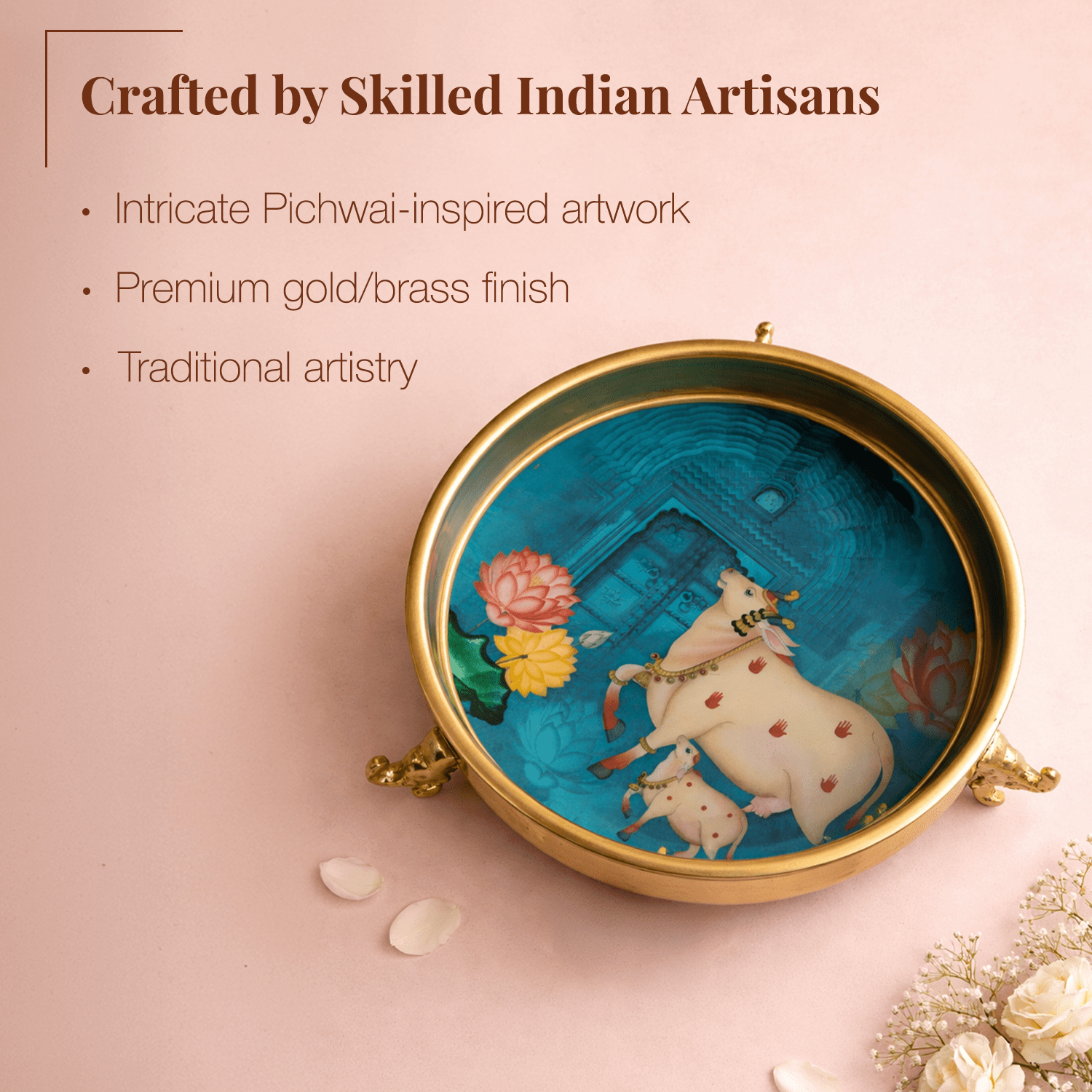 Kamadhenu Pichwai Art Elephant - Footed Urli - Set of 2 - KaariTales