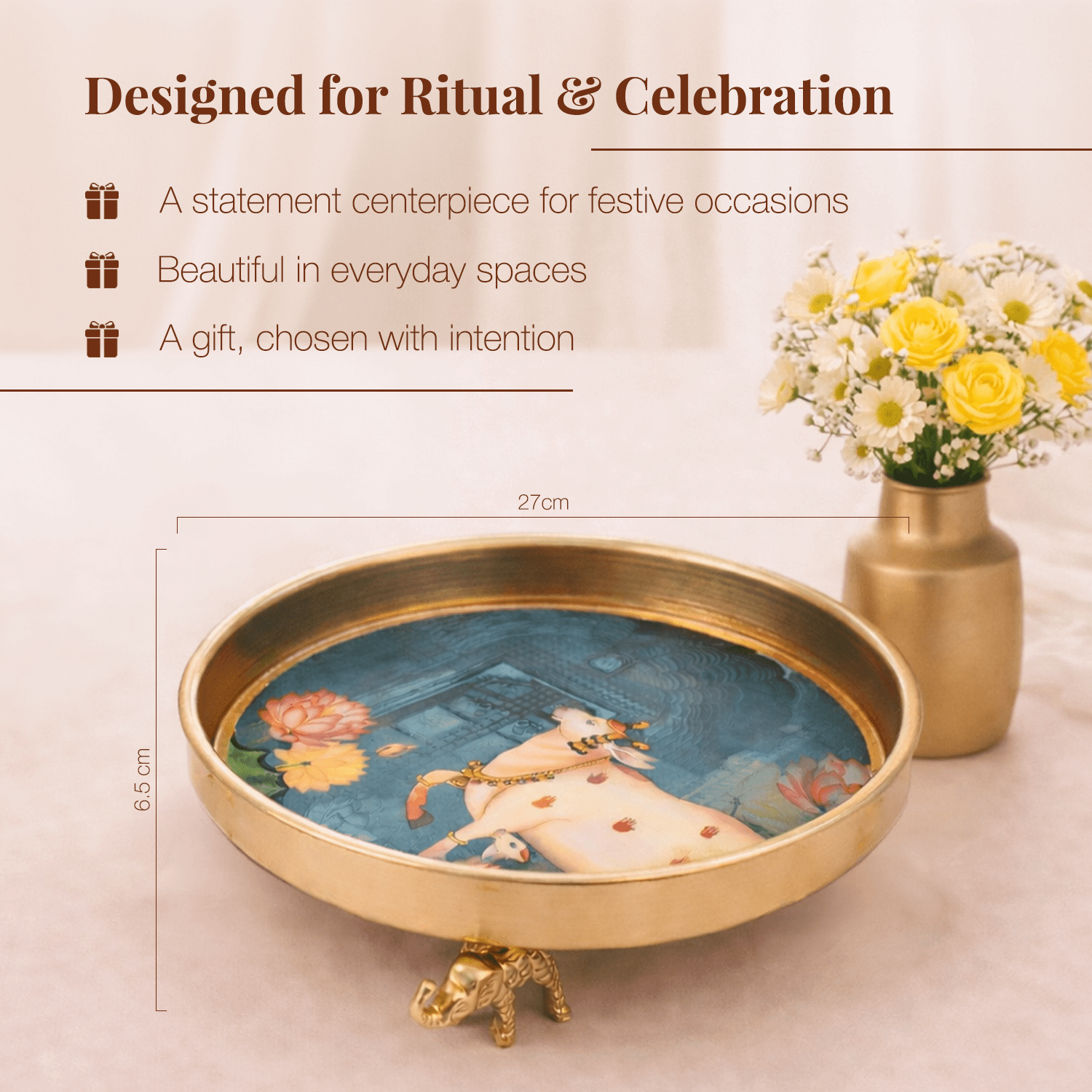 Kamadhenu Pichwai Art Elephant - Footed Urli - Set of 2 - KaariTales