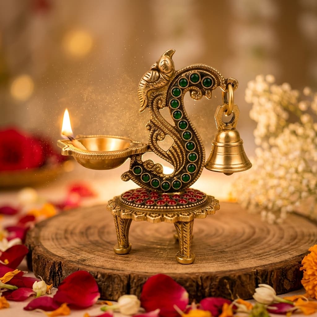 Antique Kundan Hamsa Brass Bell Diya