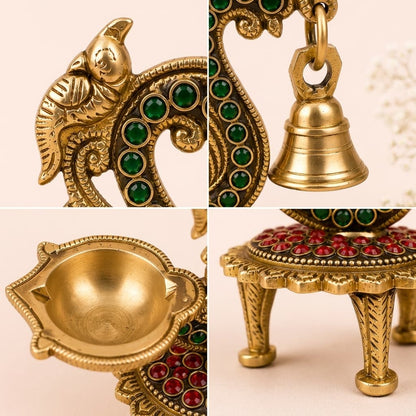 Antique Kundan Hamsa Brass Bell Diya
