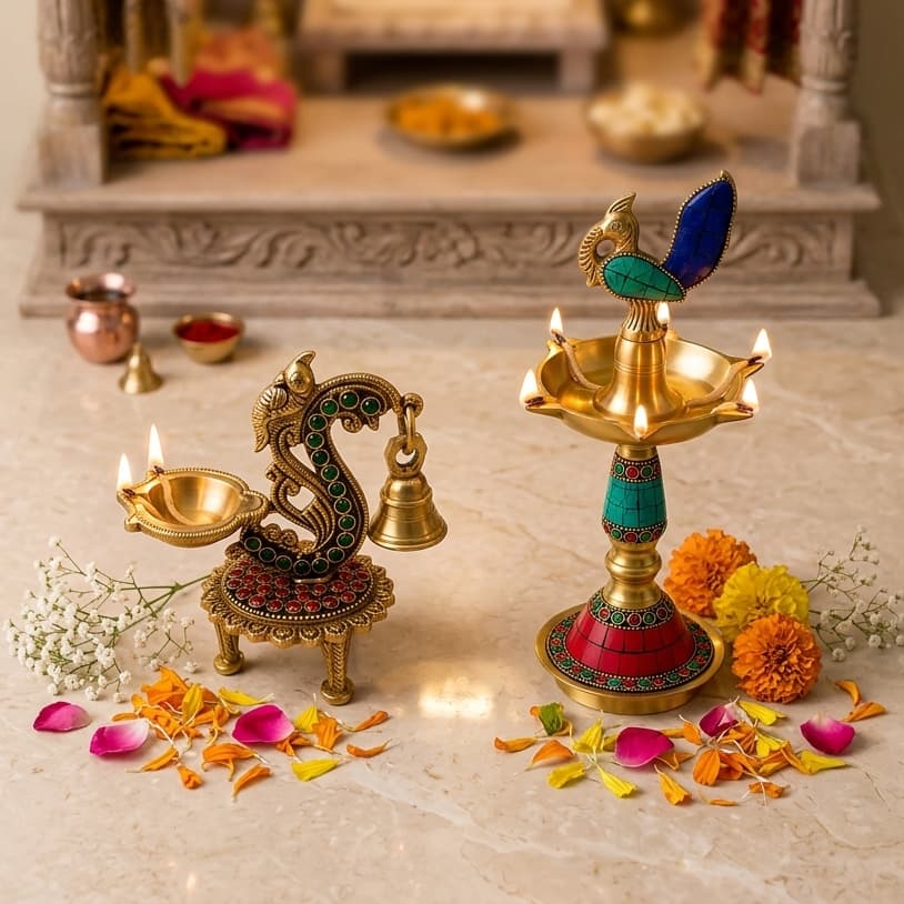 Antique Kundan Hamsa Brass Bell Diya