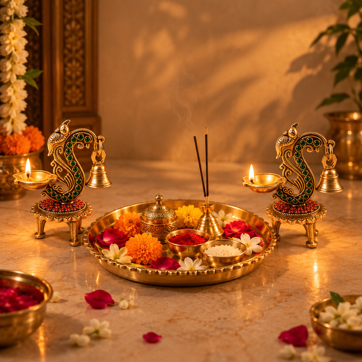 Pair of handcrafted brass Kundan Hamsa bell diya lamps with peacock design, traditional Indian oil lamps for puja and festive decor