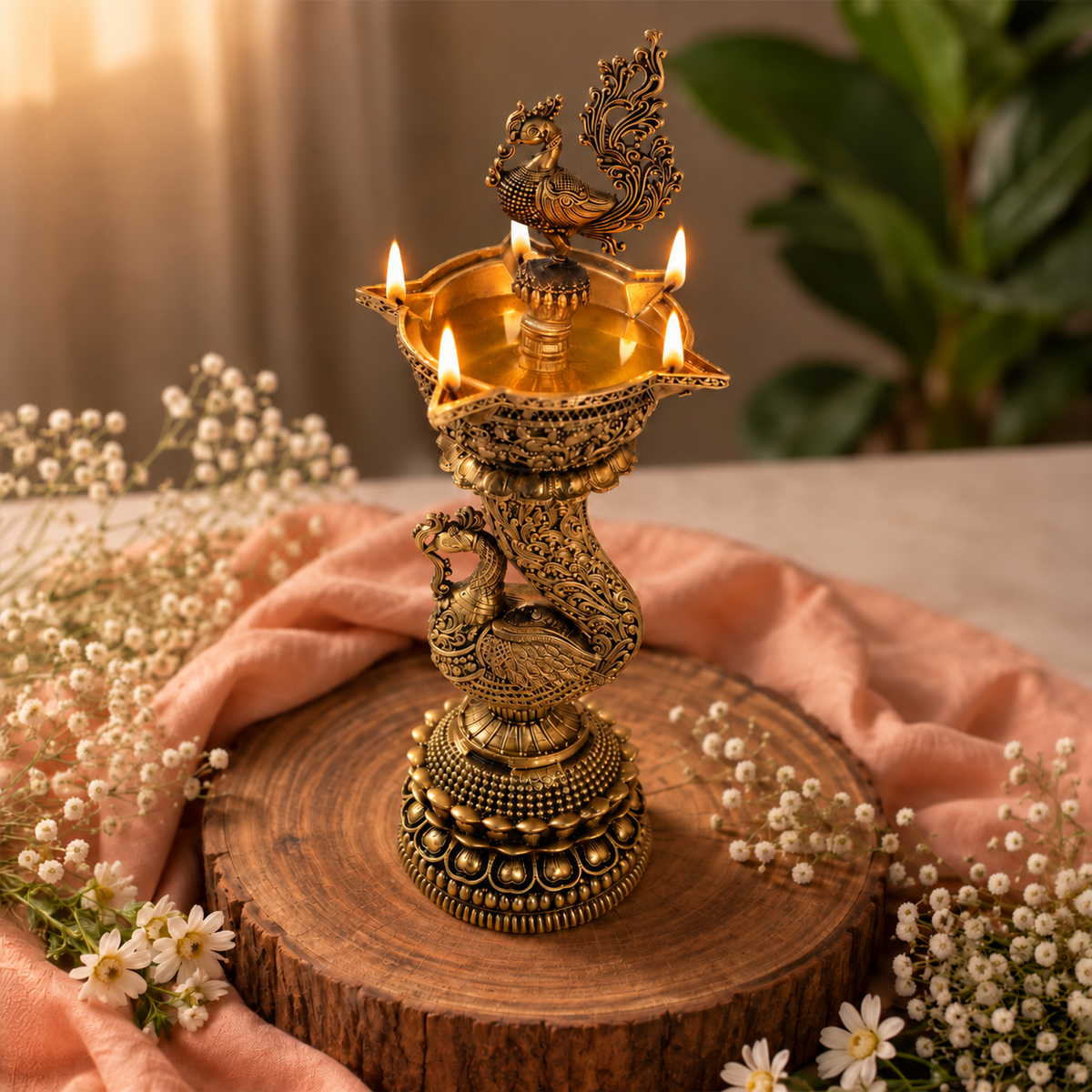 Handcrafted brass peacock deepam lamp by Kaari Tales, traditional oil lamp for puja, festive decor, and home decoration.