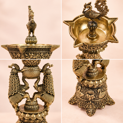 Handcrafted brass Regal Gaja Mayura lamp featuring peacock and elephant designs, traditional oil lamp for puja and festive decor.