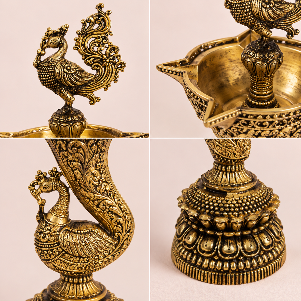 Handcrafted brass peacock deepam lamp by Kaari Tales, traditional oil lamp for puja, festive decor, and gifting.