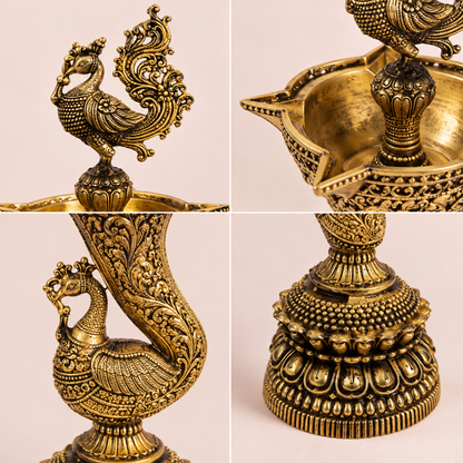 Handcrafted brass peacock deepam lamp by Kaari Tales, traditional oil lamp for puja, festive decor, and gifting.