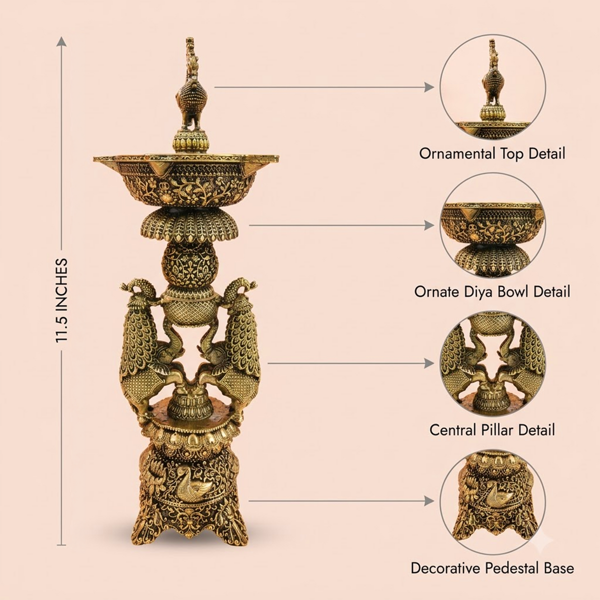 Handcrafted brass Gaja Mayura lamp featuring peacock and elephant motifs, traditional oil lamp for puja and festive home décor.