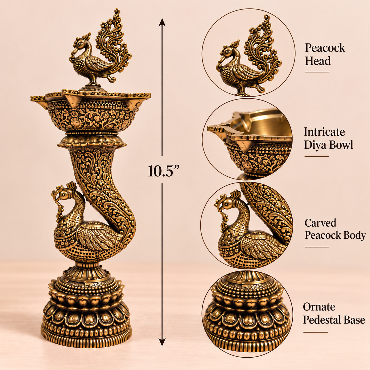 Handcrafted brass peacock deepam from Royal Mayura Heritage Lamp by Kaari Tales, traditional oil lamp for puja and festive décor.