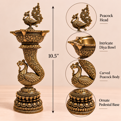 Handcrafted brass peacock deepam from Royal Mayura Heritage Lamp by Kaari Tales, traditional oil lamp for puja and festive décor.