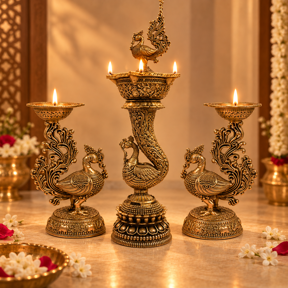 Set of two handcrafted brass peacock diyas by Kaari Tales, traditional oil lamps for puja, festive decor, and gifting.