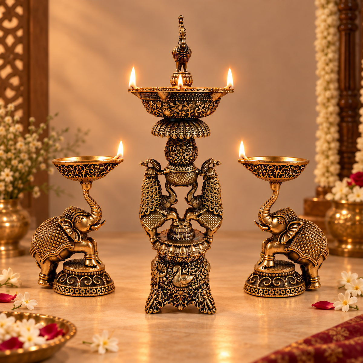 Handcrafted brass Gaja Mayura lamp featuring peacock and elephant motifs, traditional oil lamp for puja and festive home décor.
