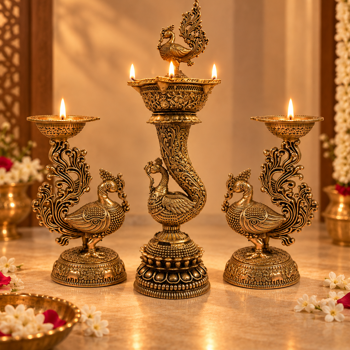 Handcrafted brass peacock deepam lamp by Kaari Tales, traditional oil lamp for puja, festive decor, and gifting.