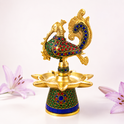 Handcrafted Peacock Decorative Oil Lamp with Stone Work