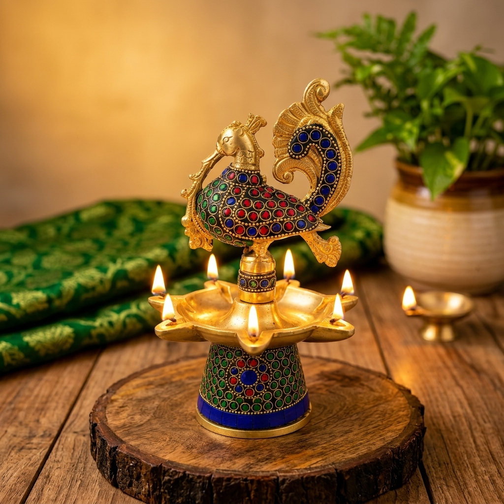 Handcrafted Peacock Decorative Oil Lamp with Stone Work
