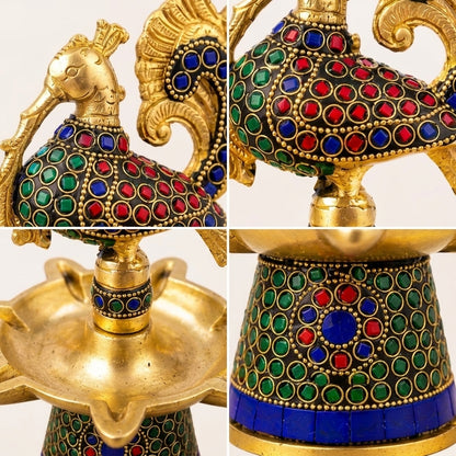 Handcrafted Peacock Decorative Oil Lamp with Stone Work