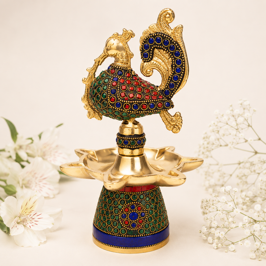 Handcrafted Peacock Decorative Oil Lamp with Stone Work