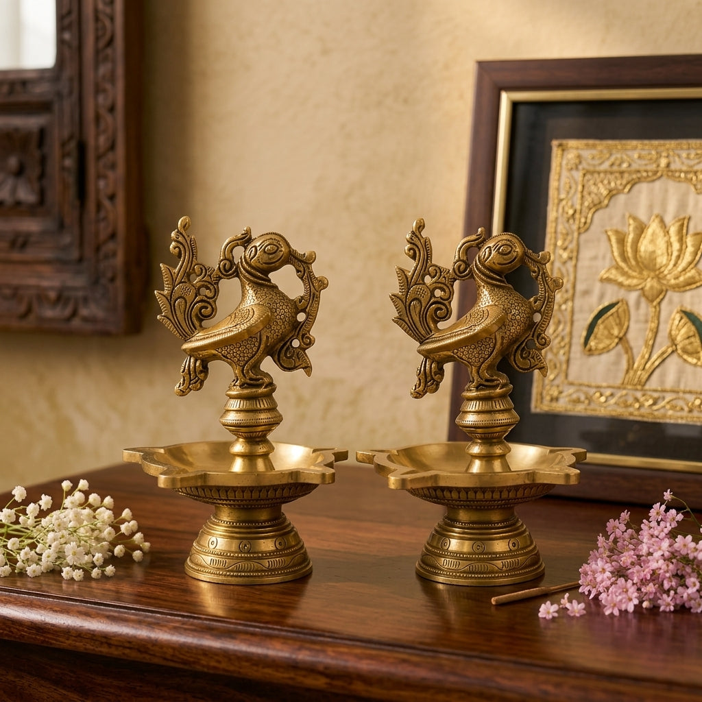 Peacock Grace Heritage Brass Diya Set of - 2