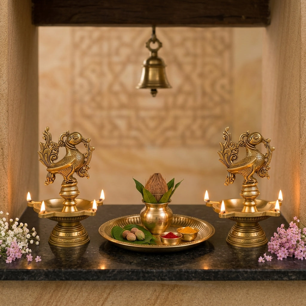 Peacock Grace Heritage Brass Diya Set of - 2