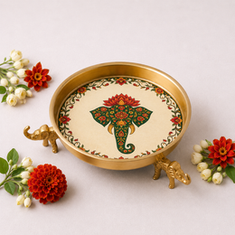 Decorative Gajanand Pichwai art elephant-footed urli with floral motifs by KaariTales, featuring intricate traditional design.