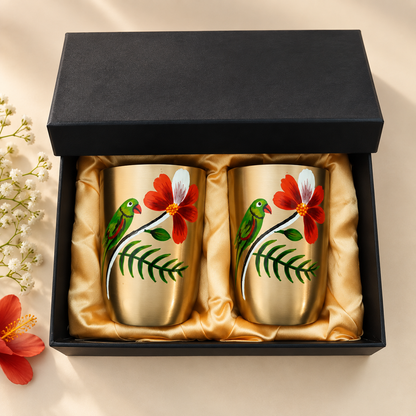 Spring Bird Garden Hand-Painted Brass Glasses |Decorative Brass Drinking Glasses Pair with Gift Box