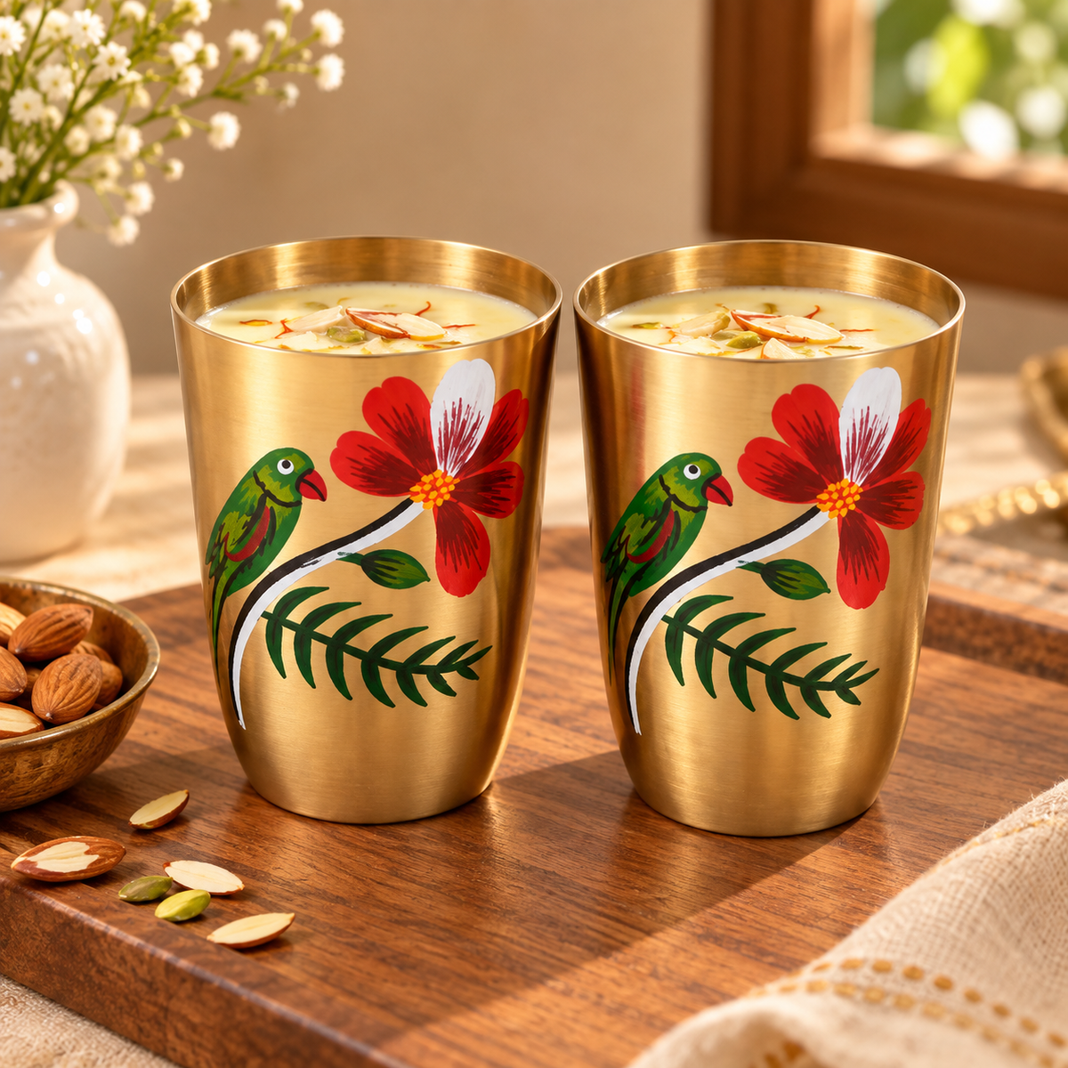 Spring Bird Garden Hand-Painted Brass Glasses |Decorative Brass Drinking Glasses Pair with Gift Box
