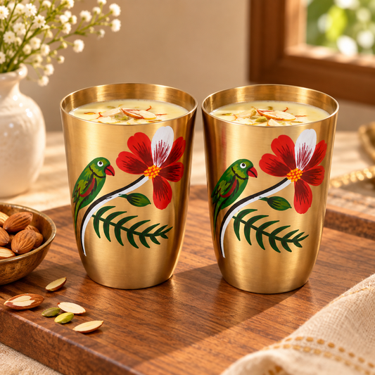 Spring Bird Garden Hand-Painted Brass Glasses |Decorative Brass Drinking Glasses Pair with Gift Box