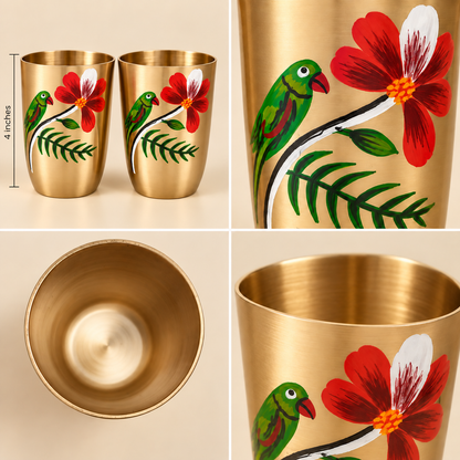 Spring Bird Garden Hand-Painted Brass Glasses |Decorative Brass Drinking Glasses Pair with Gift Box