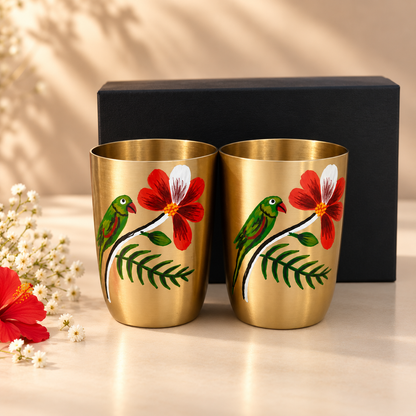 Spring Bird Garden Hand-Painted Brass Glasses |Decorative Brass Drinking Glasses Pair with Gift Box