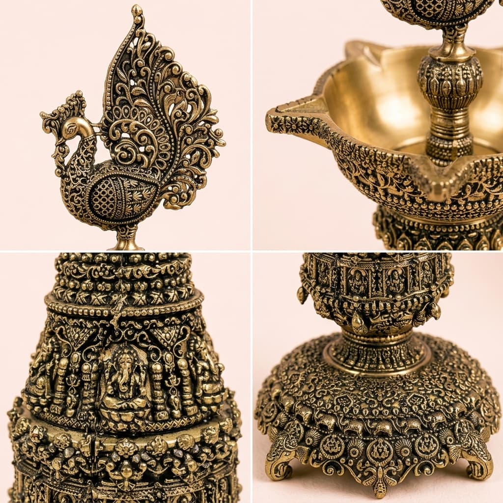 Antique Engraved Peacock Brass Lamp
