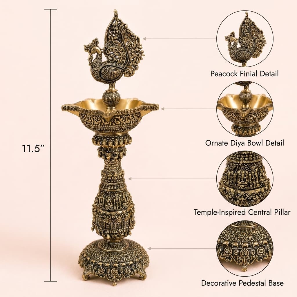 Antique Engraved Peacock Brass Lamp
