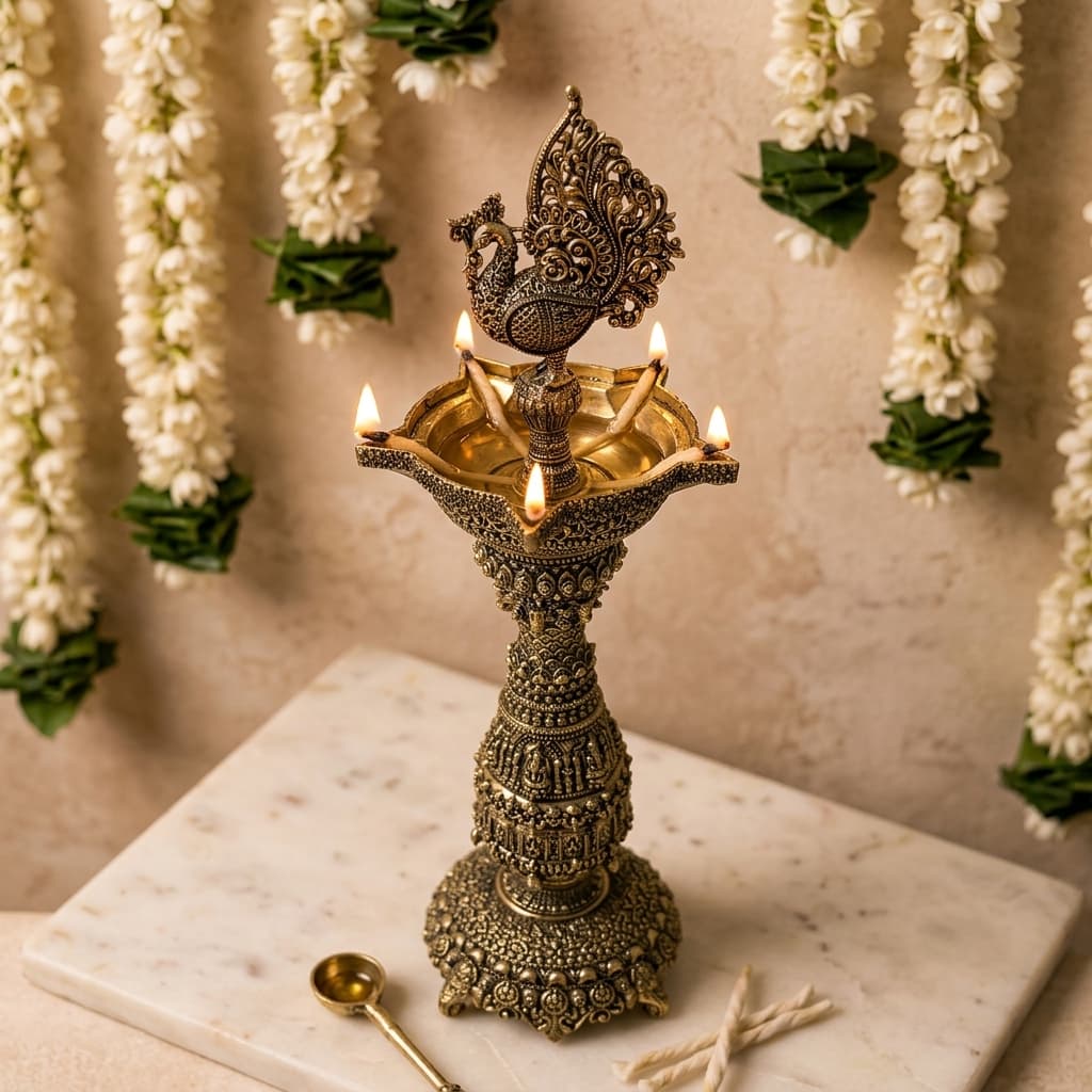 Antique Engraved Peacock Brass Lamp