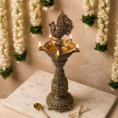 Antique Engraved Peacock Brass Lamp